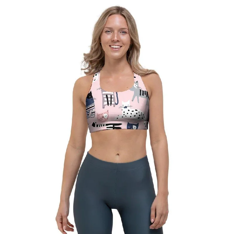 Pink Cute Cat Print Sports Bra Trendy Lace Bra