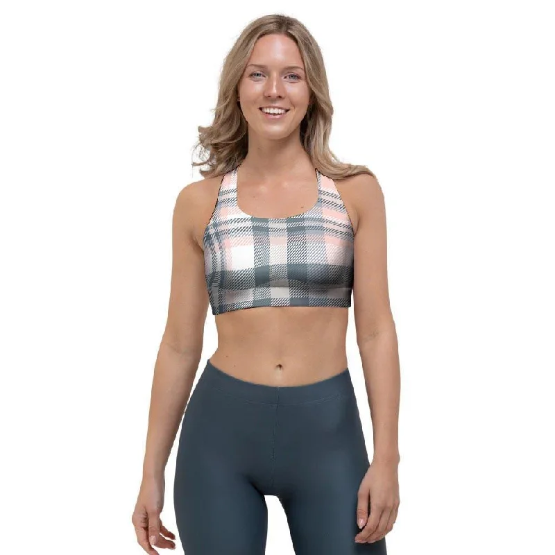 Pink Grey Plaid Tartan Sports Bra Cotton Comfort Bra