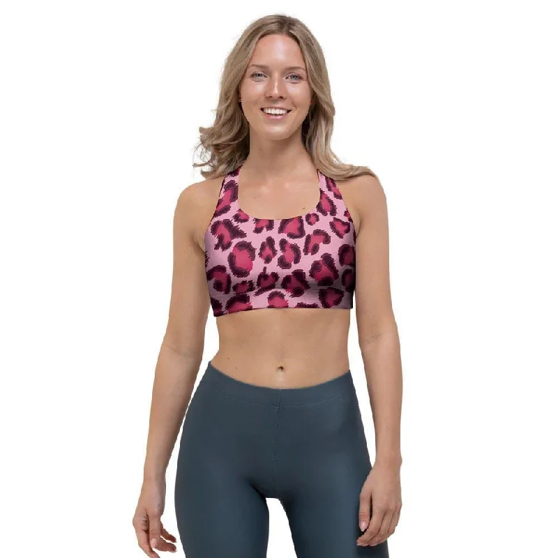 Pink Leopard Print Sports Bra Breathable Comfort Bra