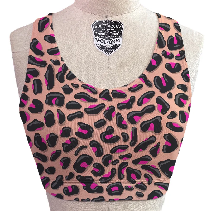 Pink Leopard Scoop Neck Sports Bra Push-Up Bra Set