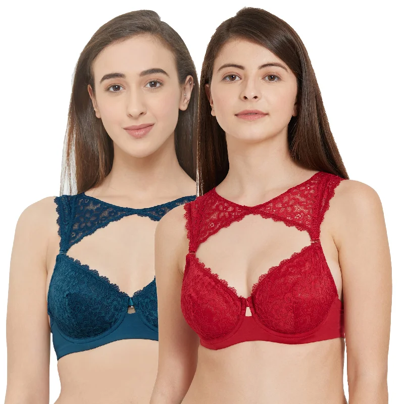 Semi/Medium Coverage Non Padded Wired Lace Demi Cup Bra (Pack Of 2) FB-545 Trendy Lace Bra