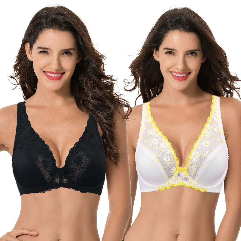 Women Plus Size Minimizer Underwire Unlined Bra with Embroidery Mesh Sexy Mesh Bralette