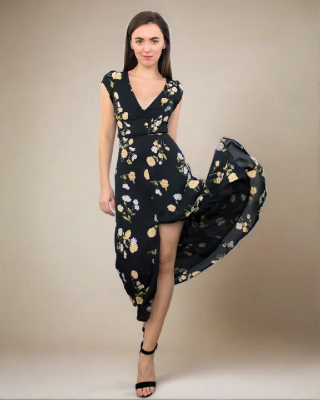 Amelia Black Midi Dress with V Neck - Black Cocktail Dress Trendy Ruffle Hem Midi Dress Amelia Black Midi Dress with V Neck - Black Cocktail Dress Trendy Ruffle Hem Midi Dress