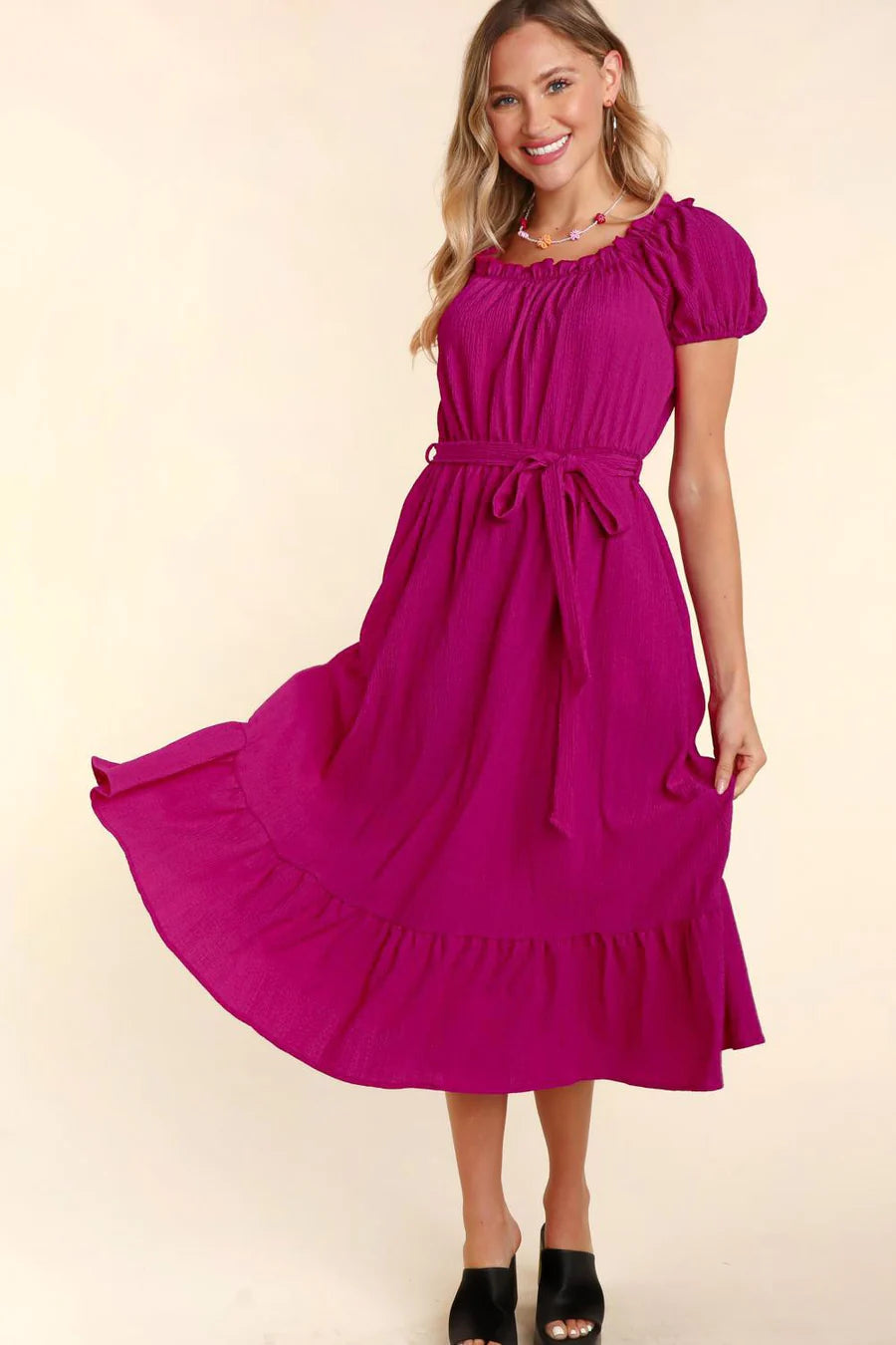 BERRY MAGENTA SQUARE NECK FRILLY PUFF BUBBLE SLEEVE POCKET MIDI DRESS Fashionable One-Shoulder Midi Dress BERRY MAGENTA SQUARE NECK FRILLY PUFF BUBBLE SLEEVE POCKET MIDI DRESS Fashionable One-Shoulder Midi Dress