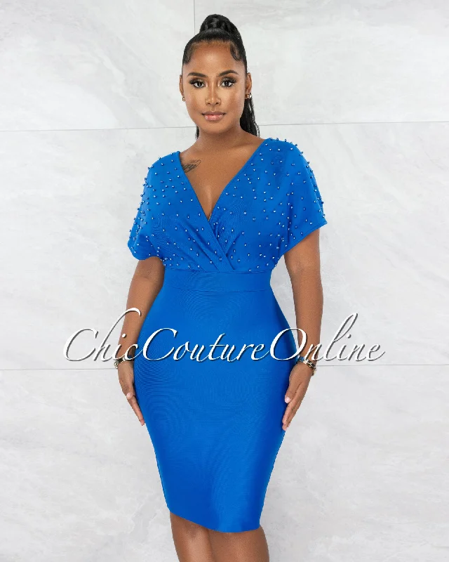 Bordan Royal Blue Pearl Top Bandage Midi Dress Fashionable Floral Embroidery Midi Dress Bordan Royal Blue Pearl Top Bandage Midi Dress Fashionable Floral Embroidery Midi Dress