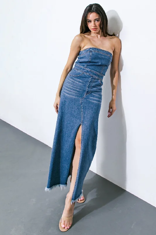 Explore More Collection - DREAMS COME TRUE DENIM MIDI DRESS Comfortable Ruched Midi Dress Explore More Collection - DREAMS COME TRUE DENIM MIDI DRESS Comfortable Ruched Midi Dress