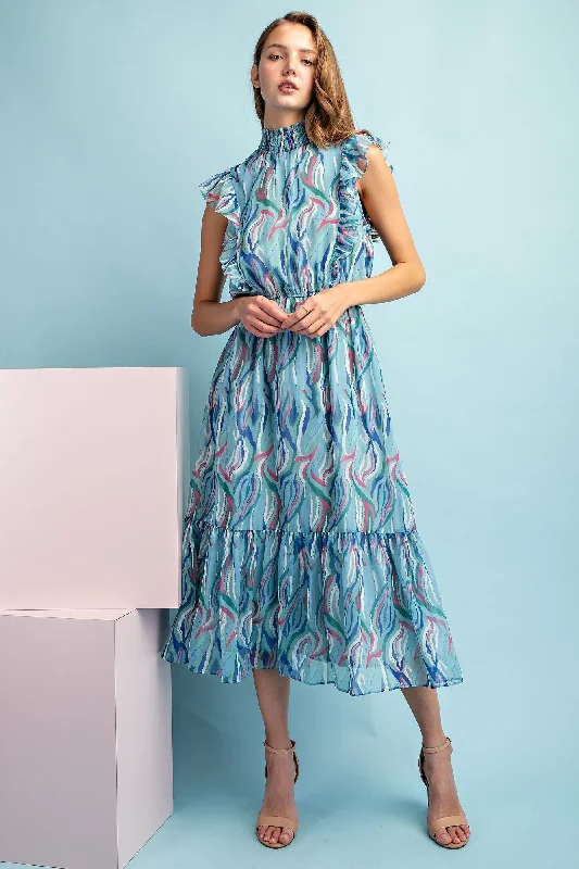 EMERALD SWIRLY DESIGN HIGH NECK RUFFLE TIERED MIDI DRESS Comfortable Ribbed Midi Dress EMERALD SWIRLY DESIGN HIGH NECK RUFFLE TIERED MIDI DRESS Comfortable Ribbed Midi Dress