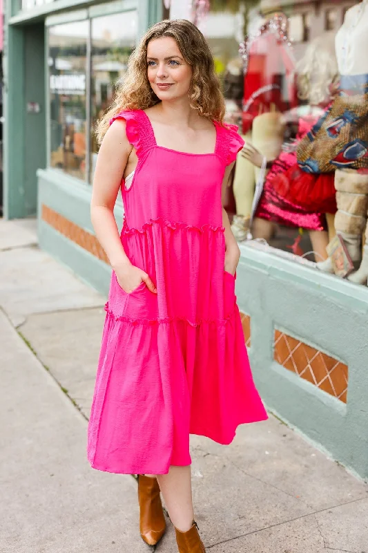 Explore More Collection - Lots To Love Fuchsia Smocked Flutter Sleeve Tiered Midi Dress Elegant Velvet Midi Dress