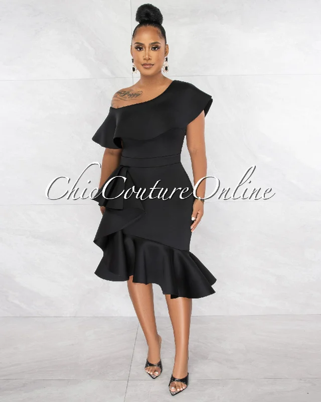 Hadara Black Ruffle Single Shoulder Ponti Midi Dress Trendy Smocked Detail Midi Dress Hadara Black Ruffle Single Shoulder Ponti Midi Dress Trendy Smocked Detail Midi Dress
