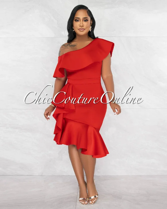 Hadara Red Ruffle Single Shoulder Ponti Midi Dress Elegant Puff Sleeve Midi Dress