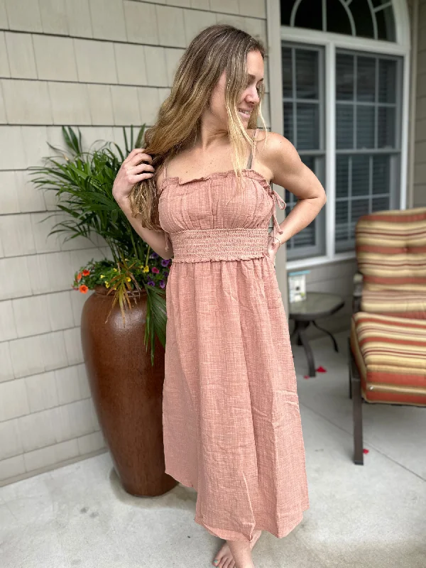 Ruffled Midi Dress with Side Ribbon Stylish Off-Shoulder Ruffle Dress