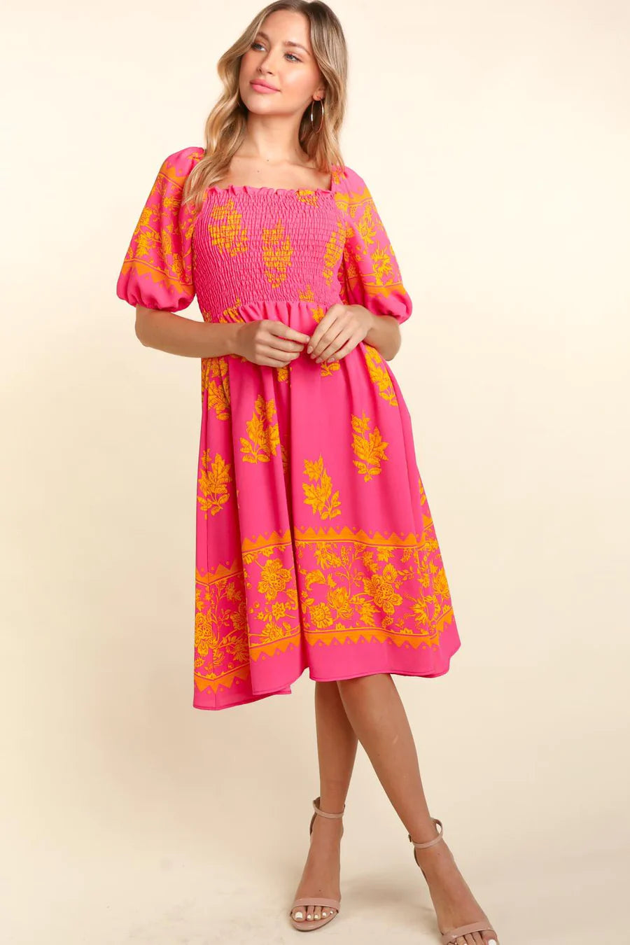 HOT PINK ORANGE PRINTED SMOCKED ELBOW BUBBLE SLEEVE POCKETED MIDI DRESS Fashionable Floral Embroidery Midi Dress HOT PINK ORANGE PRINTED SMOCKED ELBOW BUBBLE SLEEVE POCKETED MIDI DRESS Fashionable Floral Embroidery Midi Dress