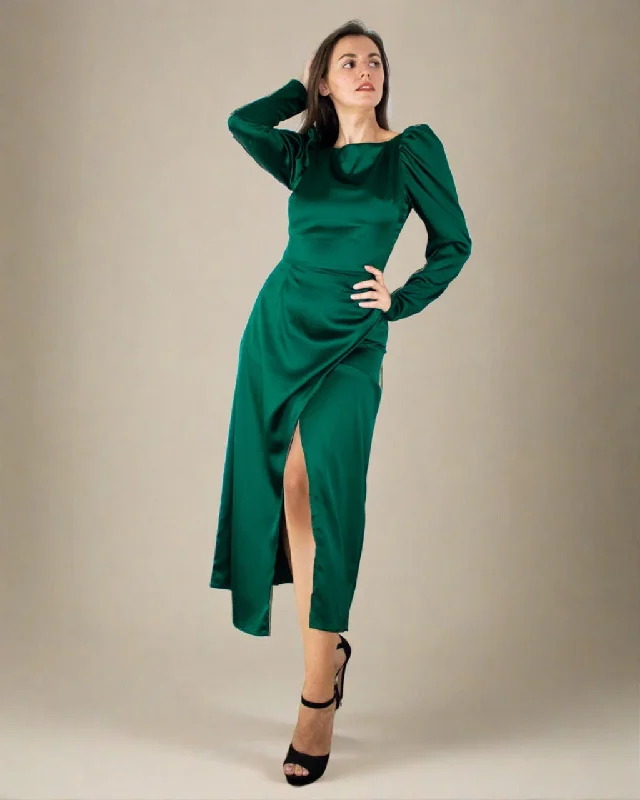 Inara Midi Dress - Satin Long Sleeve Emerald Green Dress Chic Off-Shoulder Midi Dress Inara Midi Dress - Satin Long Sleeve Emerald Green Dress Chic Off-Shoulder Midi Dress