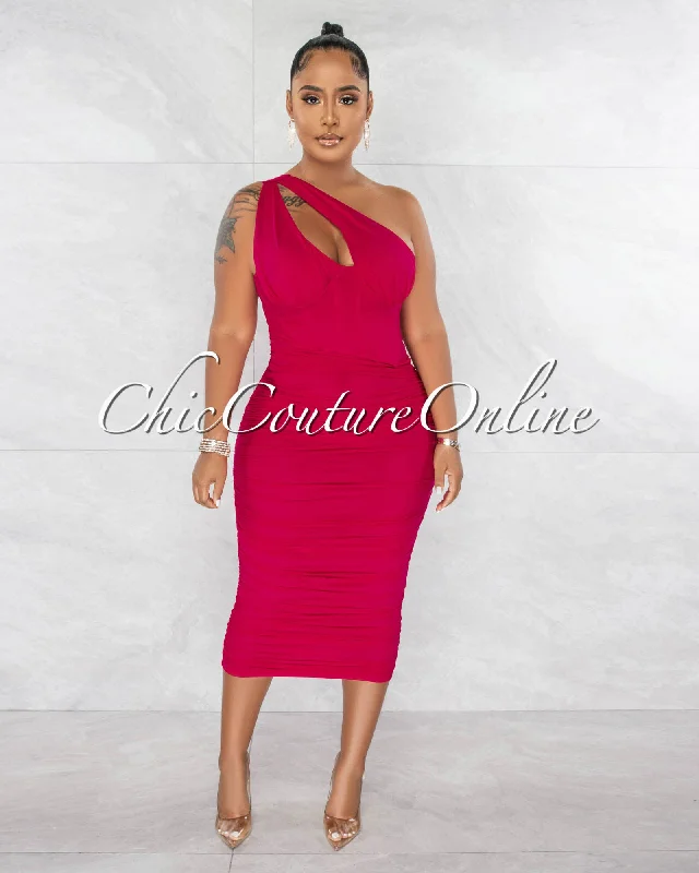 Kevina Fuchsia Mesh Drape Corset Midi Dress Stylish Animal Print Midi Dress