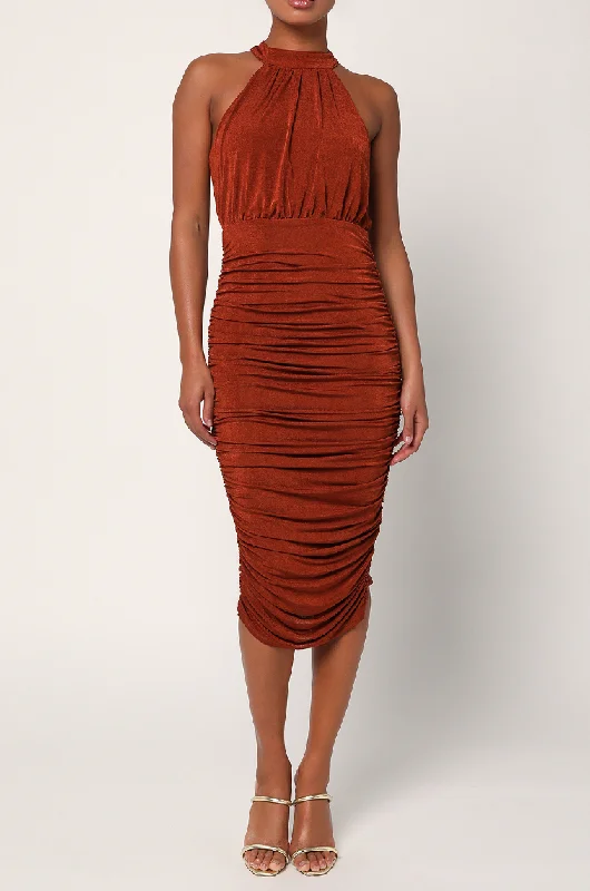 Lulus Irresistible Presence Halter Ruched Bodycon Midi Dress - Rust Cozy T-shirt Midi Dress Lulus Irresistible Presence Halter Ruched Bodycon Midi Dress - Rust Cozy T-shirt Midi Dress