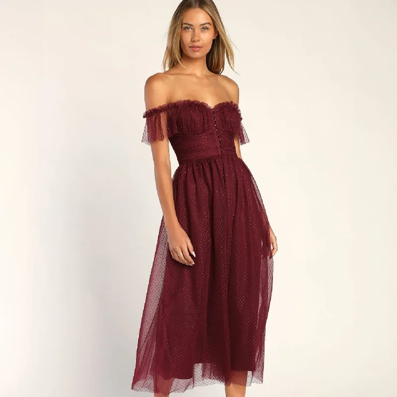 Lulus Regal Radiance Tulle Bustier Midi Dress - Burgundy Stylish Striped Midi Dress