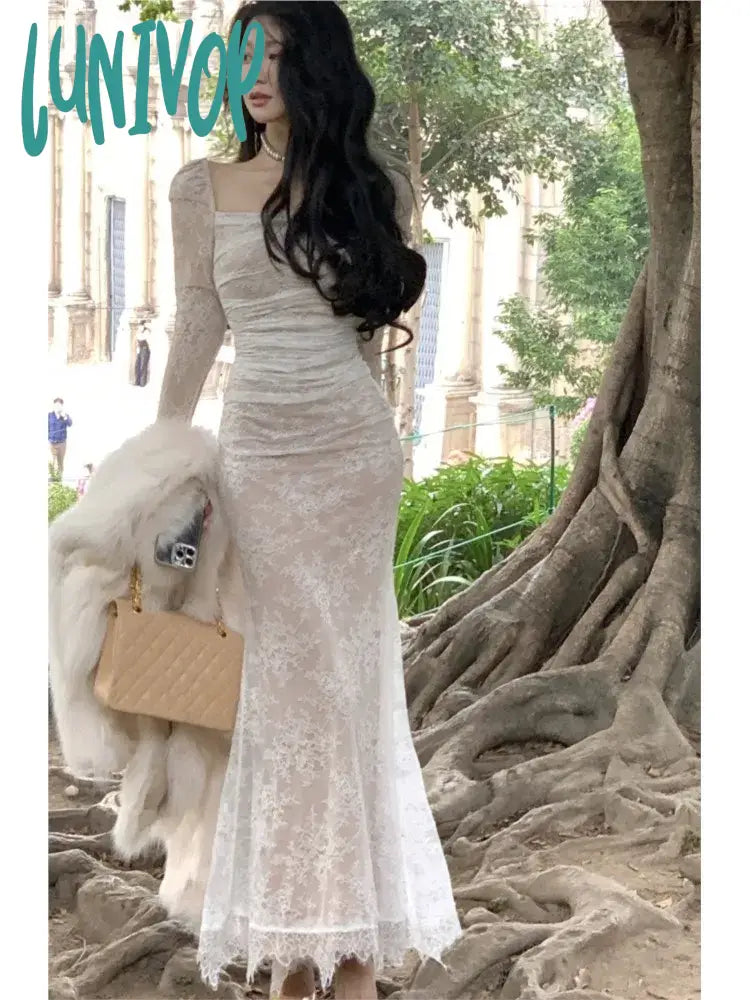 Lunivop Women's Lace Midi Dress Long Sleeve Square Collar Lace Up Bodycon Mermaid Autumn Winter Evening Party Prom Robe Vestidos Mujer Comfortable Deep V Midi Dress