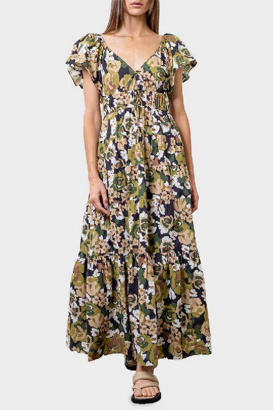 Moon River Flutter Sleeve Tiered Midi Dress Fashionable Chiffon Midi Dress