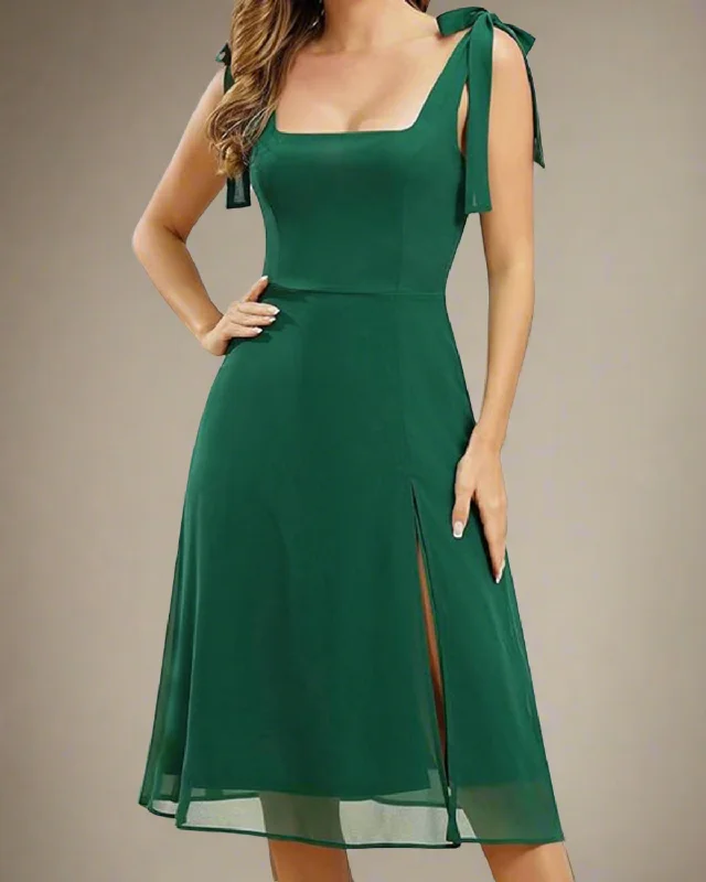 Oceane Chiffon Midi Dress with Square Neckline Trendy Midi Dress with Belt