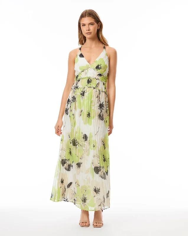 Painted Flower Pleated Midi Dress Fashionable Fitted Midi Dress