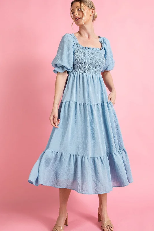 PERIWINKLE SMOCKED TIERED PUFF SLEEVE MIDI DRESS Trendy Tiered Hem Midi Dress