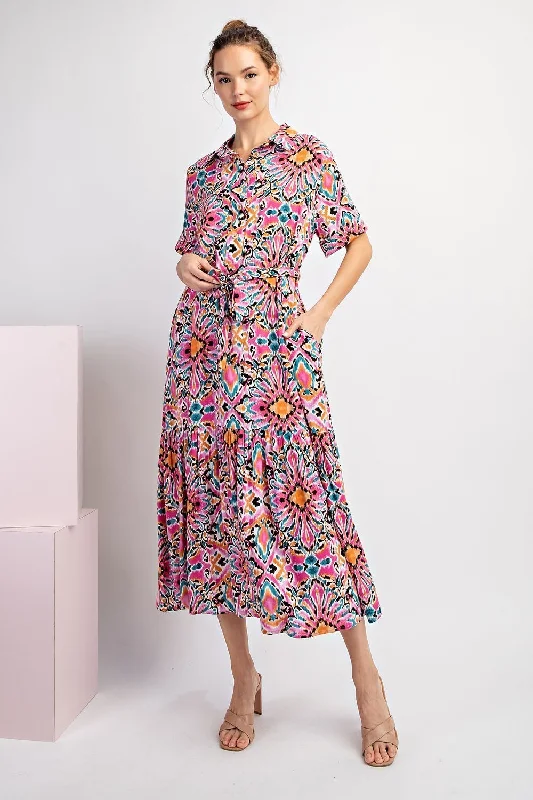 PINK MULTI COLLARED BOHO PRINTED BUTTON DOWN POCKETED MIDI DRESS Chic Floral Print Midi Dress PINK MULTI COLLARED BOHO PRINTED BUTTON DOWN POCKETED MIDI DRESS Chic Floral Print Midi Dress