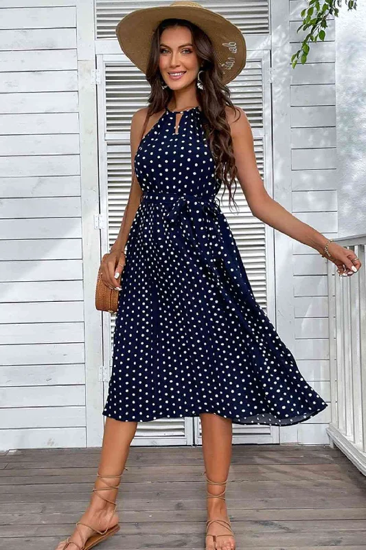Explore More Collection - Polka Dot Tie-Waist Sleeveless Midi Dress Elegant V-Neck Midi Dress