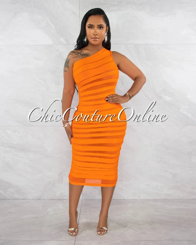 Raimy Orange Mesh Accent Stripes Bandage Midi Dress Stylish Silk Midi Dress