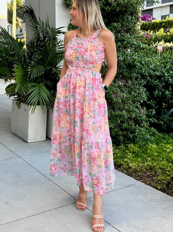Romance is in the Air Textured Pink Floral Cutout Midi Dress Elegant Pleated Sleeve Midi Dress