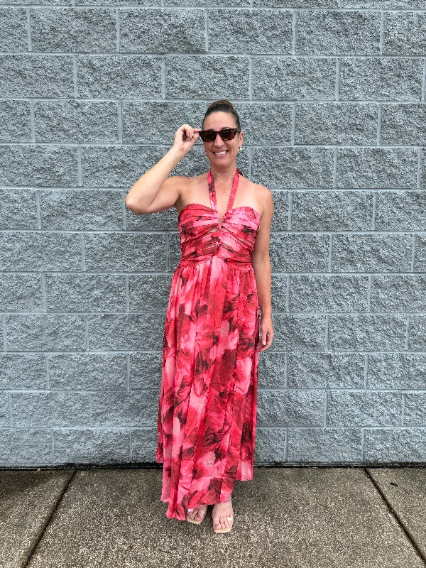 Rose - A Floral Print Halter Neck Front Keyhole Midi Dress Comfortable Floral Print Midi Dress Rose - A Floral Print Halter Neck Front Keyhole Midi Dress Comfortable Floral Print Midi Dress
