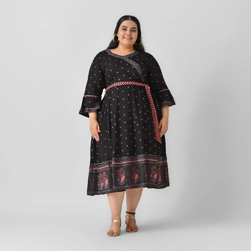 Black Rayon Angrakha Flared Midi Dress With Knot Details (Plus) Trendy Square Neck Midi Dress Black Rayon Angrakha Flared Midi Dress With Knot Details (Plus) Trendy Square Neck Midi Dress
