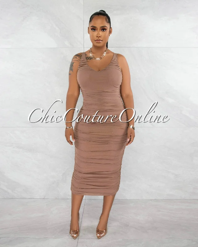 Tisha Mocha Mesh Ruched Midi Dress Trendy Ruched Side Midi Dress