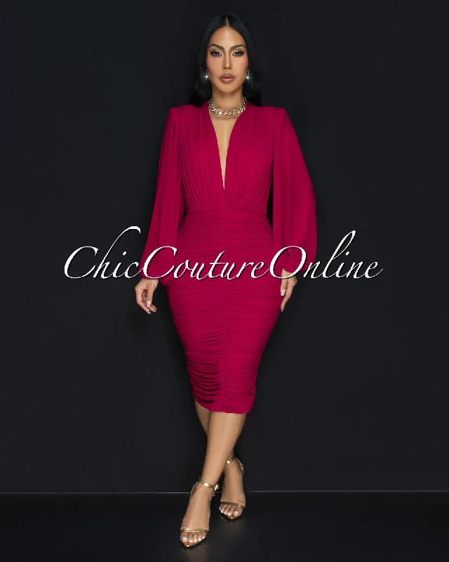 Vanica Magenta Mesh Overlay Plunging V-Neck Midi Dress Fashionable Sheer Sleeve Midi Dress Vanica Magenta Mesh Overlay Plunging V-Neck Midi Dress Fashionable Sheer Sleeve Midi Dress