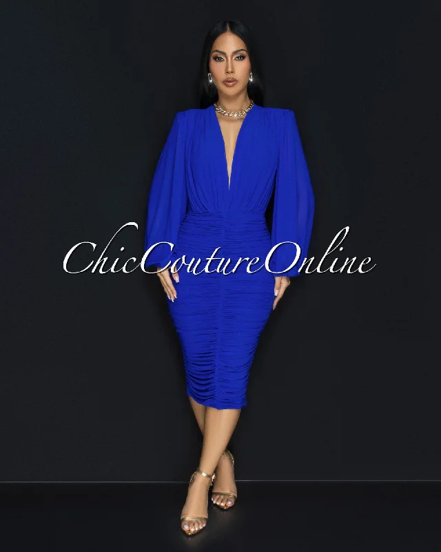 Vanica Royal-Blue Mesh Overlay Plunging V-Neck Midi Dress Comfortable Ribbed Midi Dress Vanica Royal-Blue Mesh Overlay Plunging V-Neck Midi Dress Comfortable Ribbed Midi Dress