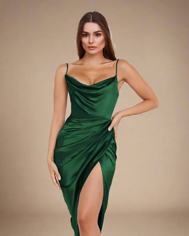 Willa Strappy Cowl Neck Emerald Green Satin Midi Dress Fashionable Chiffon Midi Dress Willa Strappy Cowl Neck Emerald Green Satin Midi Dress Fashionable Chiffon Midi Dress