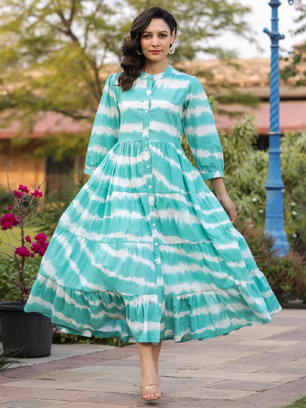 Women Sea Green Tie and Dye Pure Cotton Fit and Flared Midi Dress Elegant Floral Midi Dress Women Sea Green Tie and Dye Pure Cotton Fit and Flared Midi Dress Elegant Floral Midi Dress