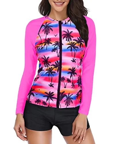 Upf 50+ Swim Shirt With Shorts Two Piece Rash Guard Bathing Suit-Pink Palm Adjustable Swim Top