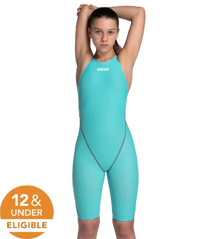 Arena Girls' Powerskin ST Next Open Back Tech Suit Swimsuit Aquamarine Flirty Ruffle Swimsuit