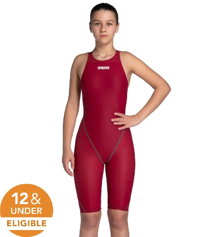 Arena Girls' Powerskin ST Next Open Back Tech Suit Swimsuit Deep Red Elegant Swimsuit Bottoms