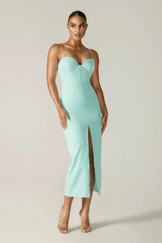 Arica Spaghetti Straps Midi Dress (Sky Blue) Comfortable Fit-and-Flare Midi Dress