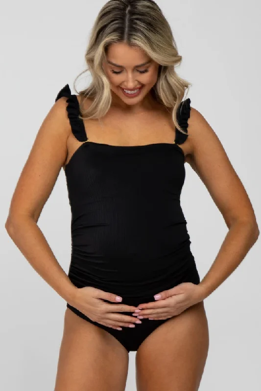 Black Ribbed Square Neck Ruffle Strap One Piece Maternity Swimsuit Vibrant Bikini Design