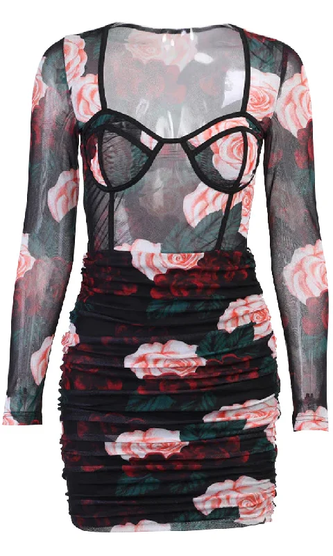 Blossom For You Black Pink Floral Pattern Sheer Mesh Long Sleeve Bustier V Neck Ruched Bodycon Mini Dress Stylish Sweetheart Neck Mini Dress Blossom For You Black Pink Floral Pattern Sheer Mesh Long Sleeve Bustier V Neck Ruched Bodycon Mini Dress Stylish Sweetheart Neck Mini Dress