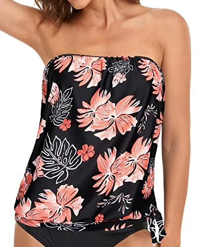 Blouson Swimwear Top Women's Strapless Bandeau Tankini Tops Push-Up Bikini Bottoms