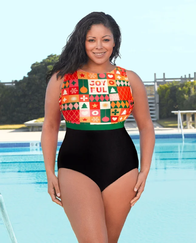 CHLORINE RESISTANT AQUAMORE PRINT BLOCK HIGH NECK PLUS SIZE SWIMSUIT Two-Piece Beachwear