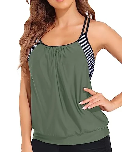 Double Criss Cross Shoulder Straps Tankini Tops Stylish Swimsuit Set