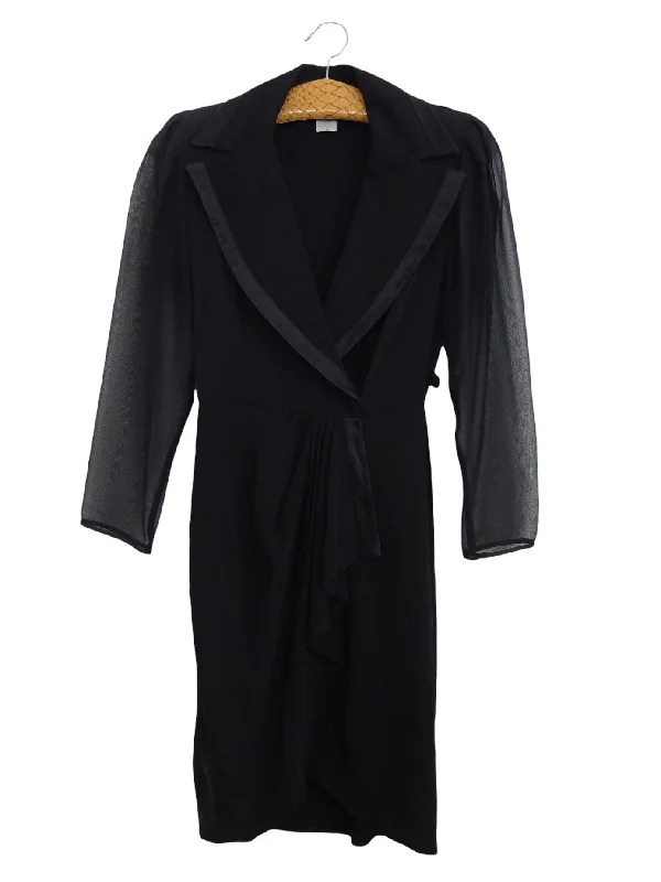 Vintage 80s Black Formal Long Sleeve Collared Wrap Mini Dress with Sheer Sleeves Comfortable Smocked Mini Dress Vintage 80s Black Formal Long Sleeve Collared Wrap Mini Dress with Sheer Sleeves Comfortable Smocked Mini Dress