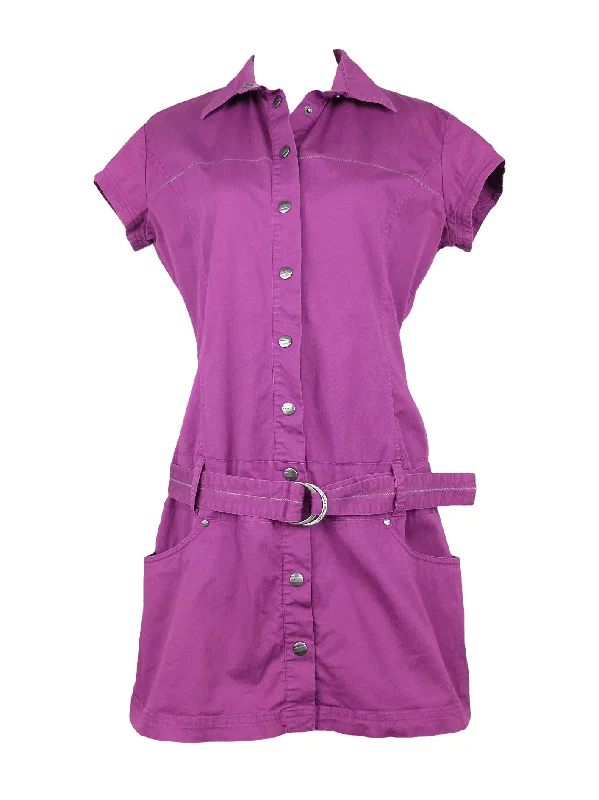 Vintage 2000s Y2K Utility Fuchsia Magenta Pink Collared Short Sleeve Snap Button Down Low Rise Mini Dress with Adjustable Belt | Size M Cozy T-Shirt Mini Dress Vintage 2000s Y2K Utility Fuchsia Magenta Pink Collared Short Sleeve Snap Button Down Low Rise Mini Dress with Adjustable Belt | Size M Cozy T-Shirt Mini Dress
