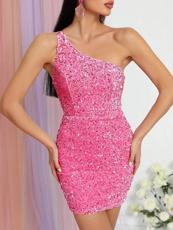 Elegant One Shoulder Sleeveless Sequin Party Mini Dresses Casual Button-Up Mini Dress Elegant One Shoulder Sleeveless Sequin Party Mini Dresses Casual Button-Up Mini Dress
