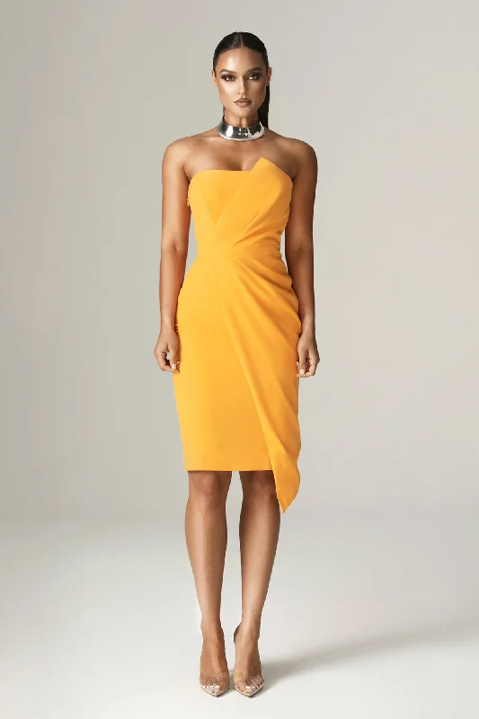 Eliana Crepe corset Midi Dress (Orange) Trendy A-Line Midi Dress