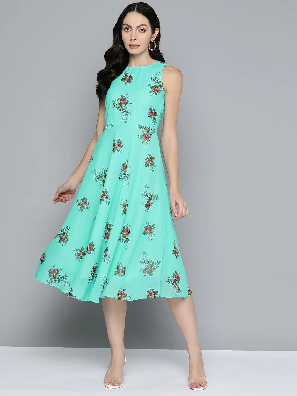Floral Print Georgette A-Line Midi Dress Stylish Satin Midi Dress